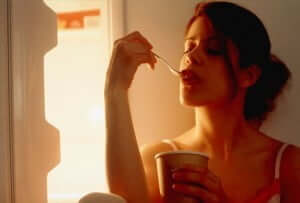 woman stress eating of ice-cream in front of open freezer door because of negative emotions